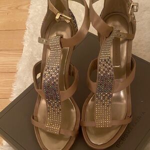 BCBGMaxAzria Nude/Taupe T-Strap Heels with Crystal Embellishment